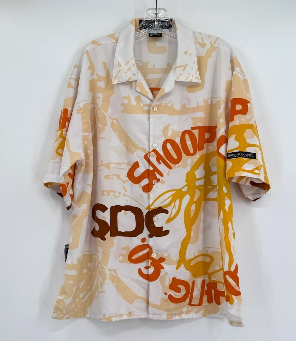 Snoop Dogg Mens White Yellow Logo Graphic Short Sleeve Camp Shirt Sz XL
